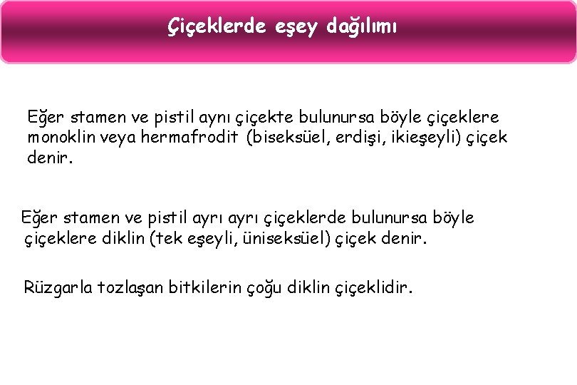 Çiçeklerde eşey dağılımı Eğer stamen ve pistil aynı çiçekte bulunursa böyle çiçeklere monoklin veya