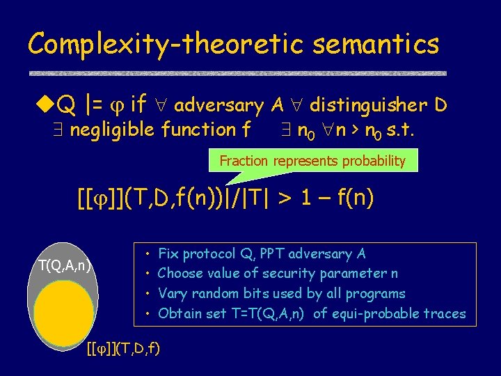 Complexity-theoretic semantics u. Q |= if adversary A distinguisher D negligible function f n