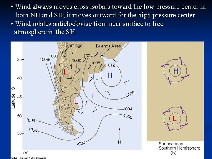  • Wind always moves cross isobars toward the low pressure center in both