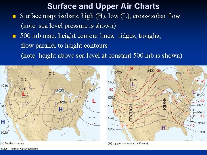 Surface and Upper Air Charts n n Surface map: isobars, high (H), low (L),