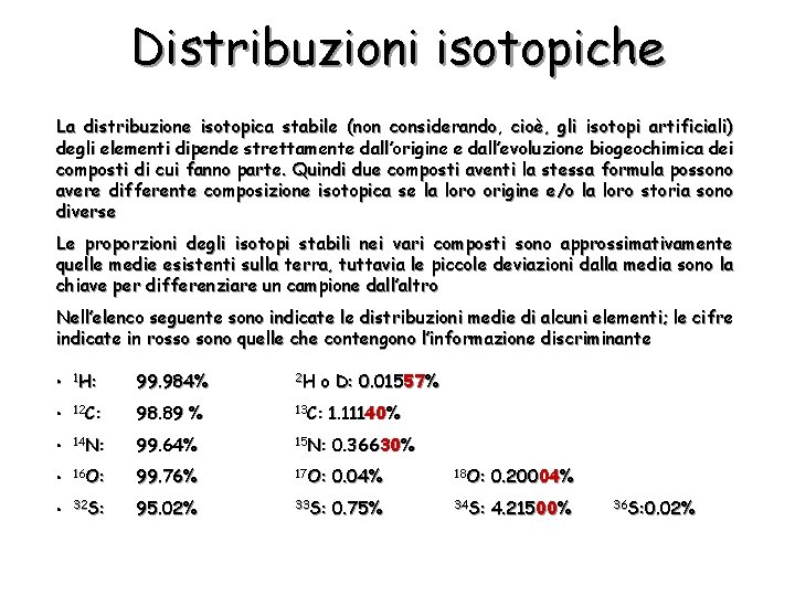 Distribuzioni isotopiche La distribuzione isotopica stabile (non considerando, cioè, gli isotopi artificiali) degli elementi