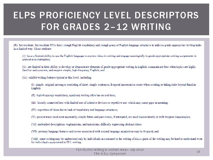 ELPS PROFICIENCY LEVEL DESCRIPTORS FOR GRADES 2– 12 WRITING TEA TELPAS Writing in Content