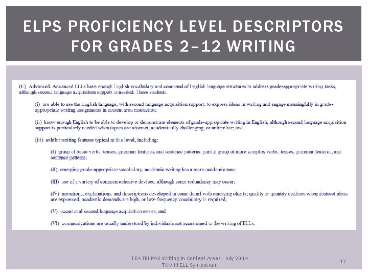 ELPS PROFICIENCY LEVEL DESCRIPTORS FOR GRADES 2– 12 WRITING TEA TELPAS Writing in Content