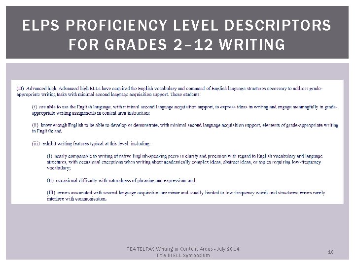 ELPS PROFICIENCY LEVEL DESCRIPTORS FOR GRADES 2– 12 WRITING TEA TELPAS Writing in Content