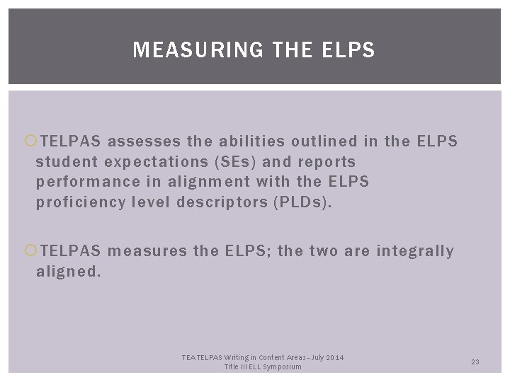 MEASURING THE ELPS TELPAS assesses the abilities outlined in the ELPS student expectations (SEs)