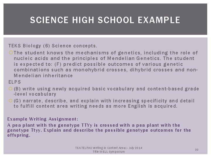 SCIENCE HIGH SCHOOL EXAMPLE TEKS Biology (6) Science concepts. The student knows the mechanisms