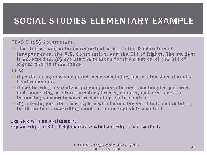 SOCIAL STUDIES ELEMENTARY EXAMPLE TEKS 5 (15) Government. The student understands important ideas in