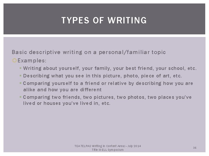 TYPES OF WRITING Basic descriptive writing on a personal/familiar topic Examples: § Writing about