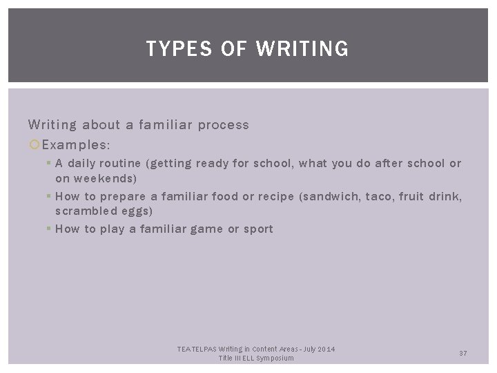TYPES OF WRITING Writing about a familiar process Examples: § A daily routine (getting
