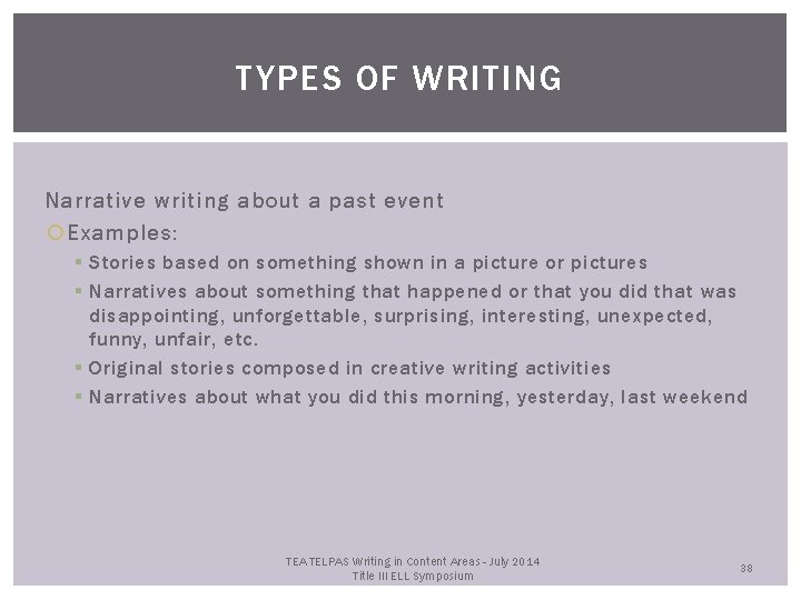 TYPES OF WRITING Narrative writing about a past event Examples: § Stories based on