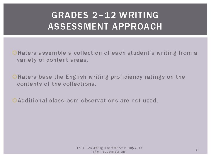 GRADES 2– 12 WRITING ASSESSMENT APPROACH Raters assemble a collection of each student’s writing