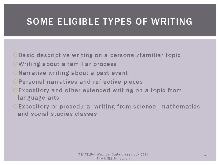 SOME ELIGIBLE TYPES OF WRITING Basic descriptive writing on a personal/familiar topic Writing about