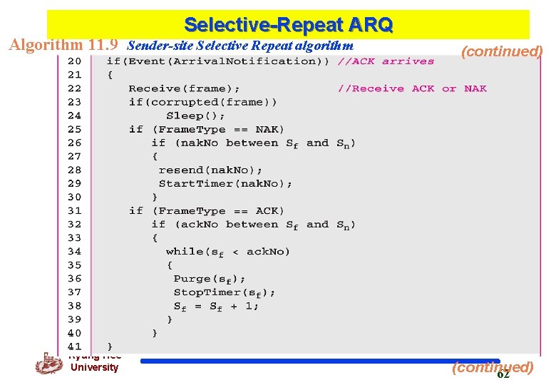 Selective-Repeat ARQ Algorithm 11. 9 Sender-site Selective Repeat algorithm Kyung Hee University (continued) 62