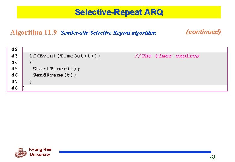 Selective-Repeat ARQ Algorithm 11. 9 Sender-site Selective Repeat algorithm Kyung Hee University (continued) 63