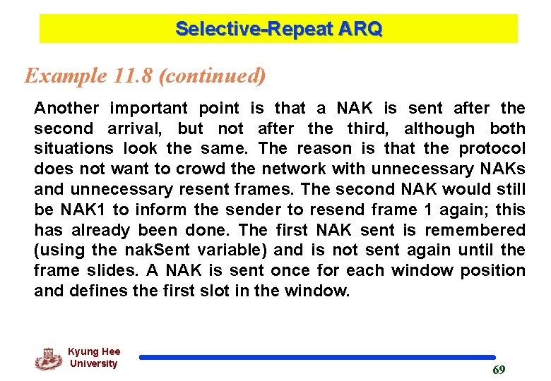 Selective-Repeat ARQ Example 11. 8 (continued) Another important point is that a NAK is