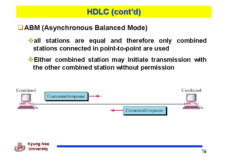 HDLC (cont’d) q. ABM (Asynchronous Balanced Mode) vall stations are equal and therefore only