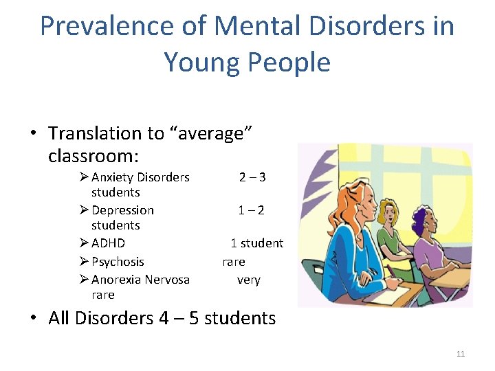 Prevalence of Mental Disorders in Young People • Translation to “average” classroom: Ø Anxiety