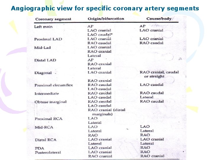 Angiographic view for specific coronary artery segments 