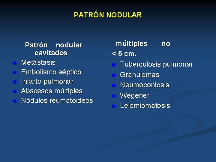 PATRÓN NODULAR n n n Patrón nodular cavitados Metástasis Embolismo séptico Infarto pulmonar Abscesos