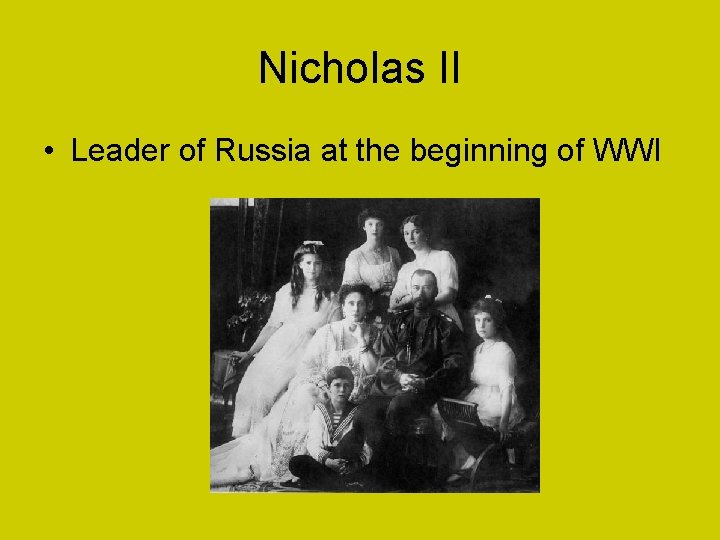 Nicholas II • Leader of Russia at the beginning of WWI 