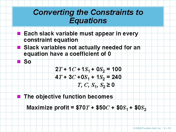 Converting the Constraints to Equations n Each slack variable must appear in every constraint