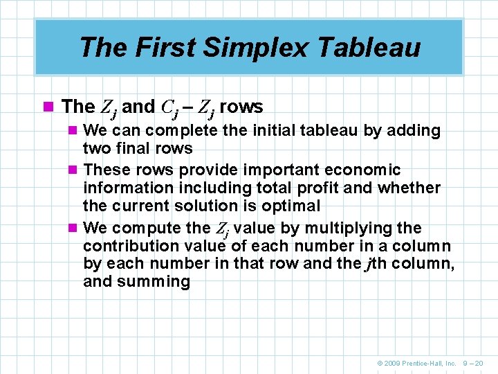 The First Simplex Tableau n The Zj and Cj – Zj rows n We