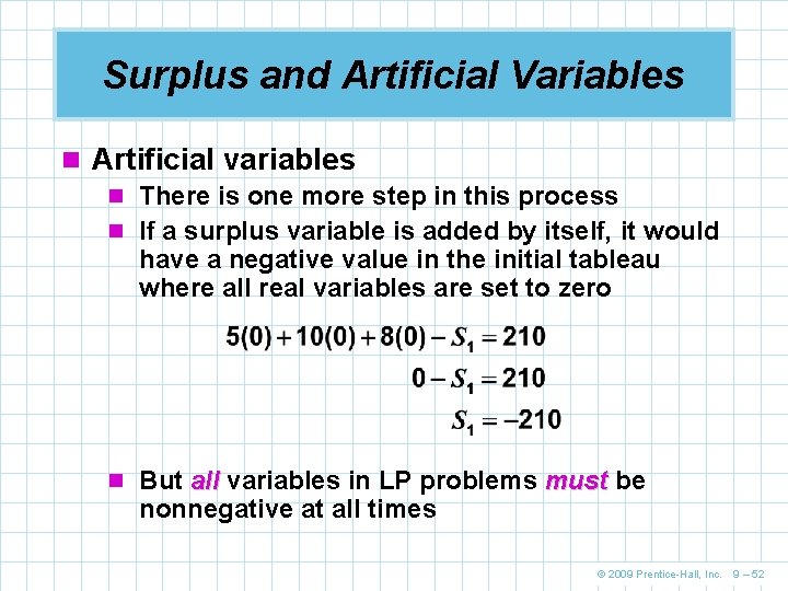 Surplus and Artificial Variables n Artificial variables n There is one more step in