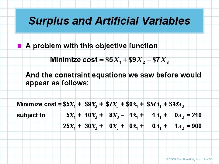 Surplus and Artificial Variables n A problem with this objective function And the constraint