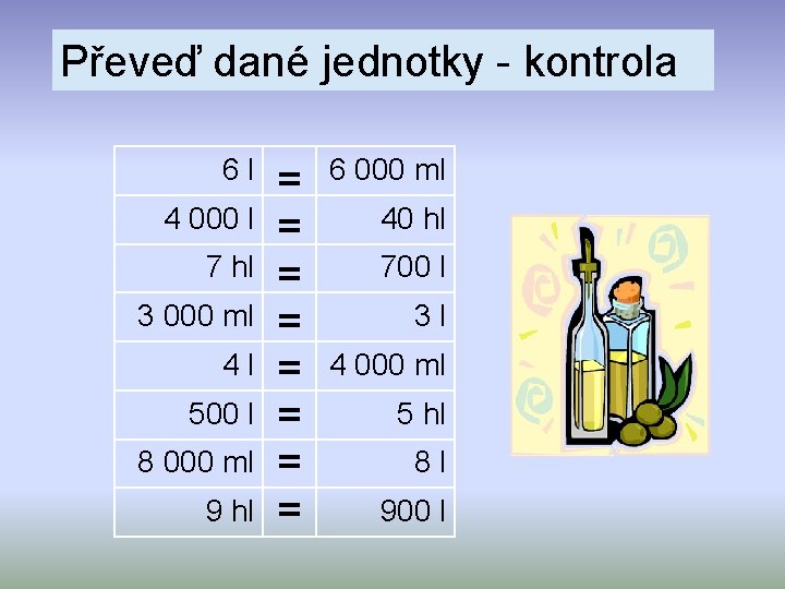 Převeď dané jednotky - kontrola 6 l 4 000 l 7 hl 3 000