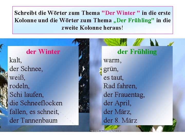 Schreibt die Wörter zum Thema "Der Winter " in die erste Kolonne und die