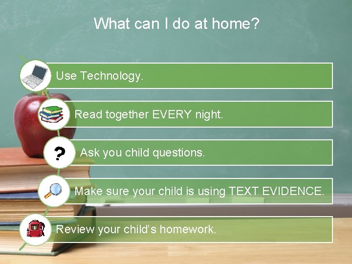 What can I do at home? Use Technology. Read together EVERY night. Ask you