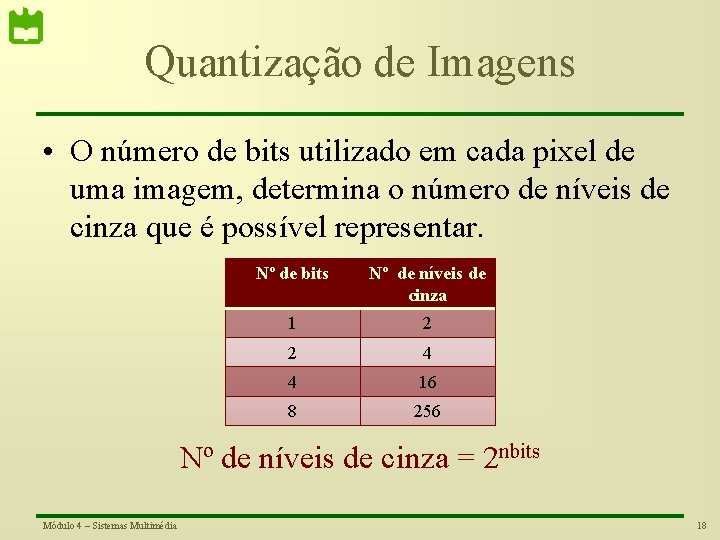 Quantização de Imagens • O número de bits utilizado em cada pixel de uma