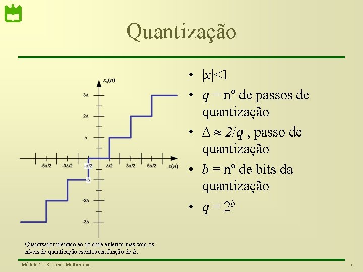 Quantização • |x|<1 • q = nº de passos de quantização • 2/q ,