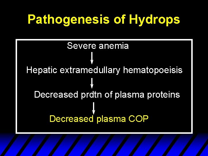 Pathogenesis of Hydrops Severe anemia Hepatic extramedullary hematopoeisis Decreased prdtn of plasma proteins Decreased