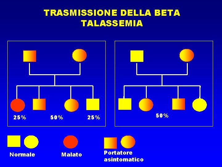 TRASMISSIONE DELLA BETA TALASSEMIA 25% Normale 50% Malato 50% 25% Portatore asintomatico 