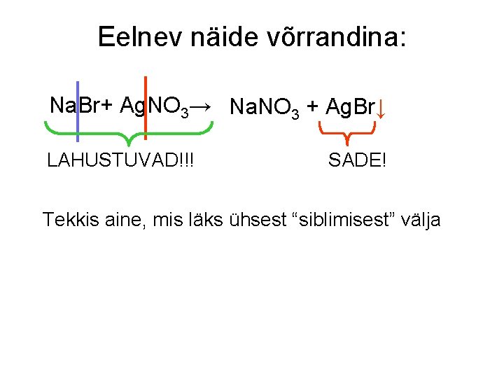 Eelnev näide võrrandina: Na. Br+ Ag. NO 3→ Na. NO 3 + Ag. Br↓