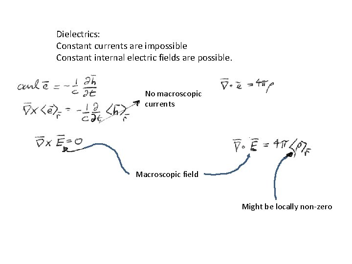 Dielectrics: Constant currents are impossible Constant internal electric fields are possible. No macroscopic currents