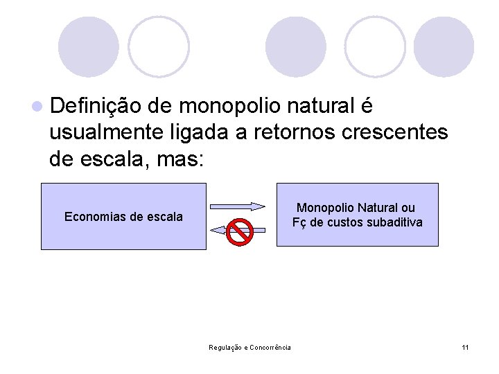 l Definição de monopolio natural é usualmente ligada a retornos crescentes de escala, mas: