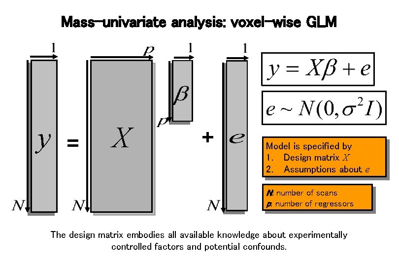 Mass-univariate analysis: voxel-wise GLM y = X + Model is specified by 1. Design