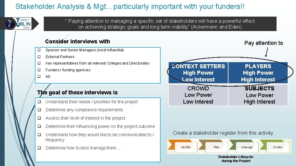 Stakeholder Analysis & Mgt…particularly important with your funders!! “ Paying attention to managing a