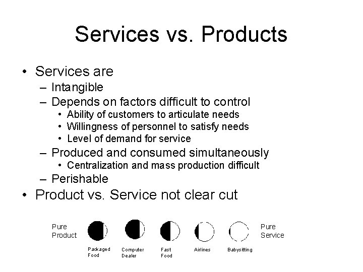 Services vs. Products • Services are – Intangible – Depends on factors difficult to