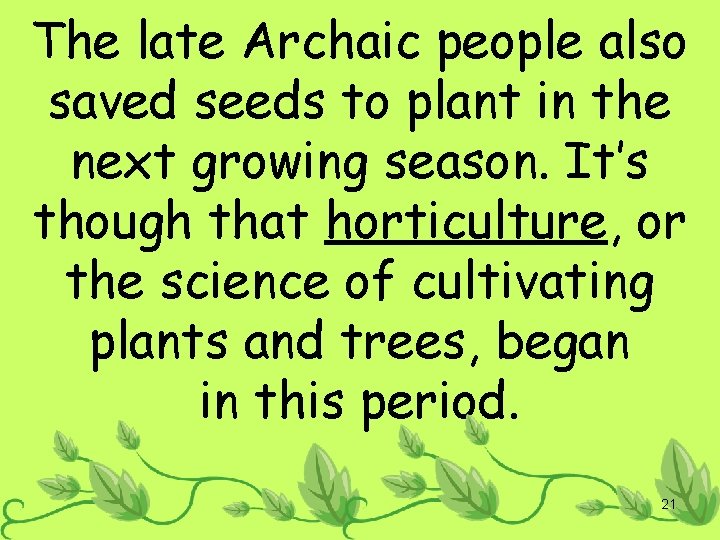 The late Archaic people also saved seeds to plant in the next growing season.