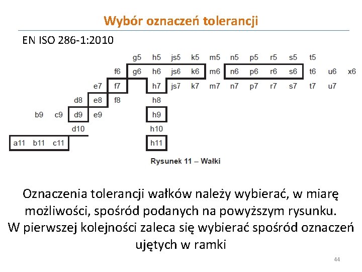 Wybór oznaczeń tolerancji EN ISO 286 -1: 2010 Oznaczenia tolerancji wałków należy wybierać, w