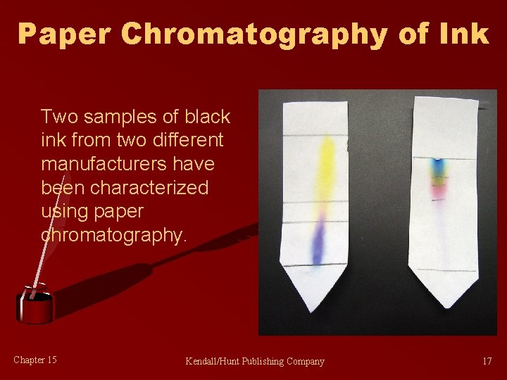 Paper Chromatography of Ink Two samples of black ink from two different manufacturers have
