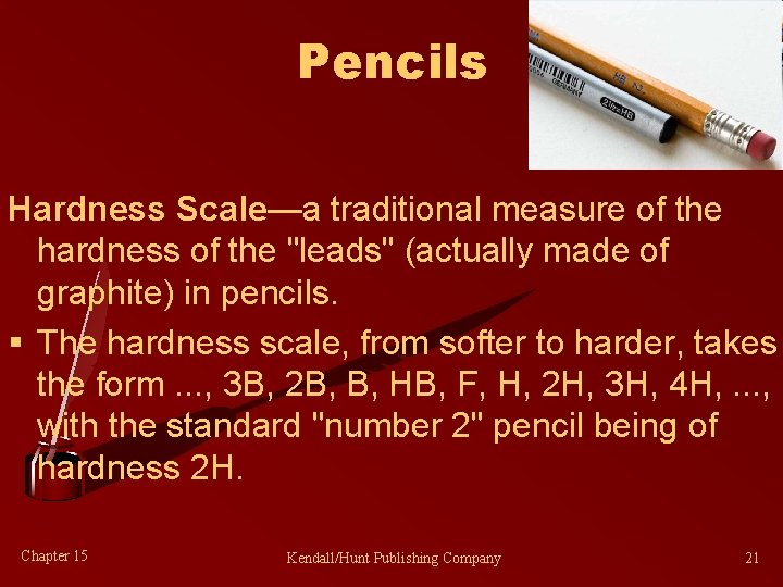 Pencils Hardness Scale—a traditional measure of the hardness of the "leads" (actually made of