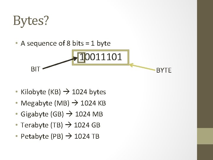 Bytes? • A sequence of 8 bits = 1 byte 10011101 BIT • •