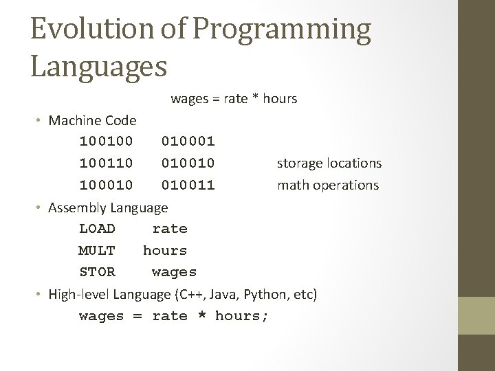 Evolution of Programming Languages wages = rate * hours • Machine Code 10010001 100110