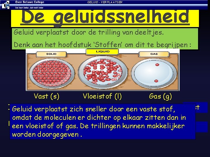 GELUID - VERPLAATSEN De geluidssnelheid Geluid verplaatst door de trilling van deeltjes. Denk aan