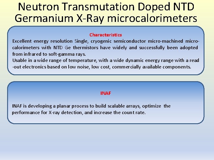 Neutron Transmutation Doped NTD Germanium X-Ray microcalorimeters Characteristics Excellent energy resolution Single, cryogenic semiconductor