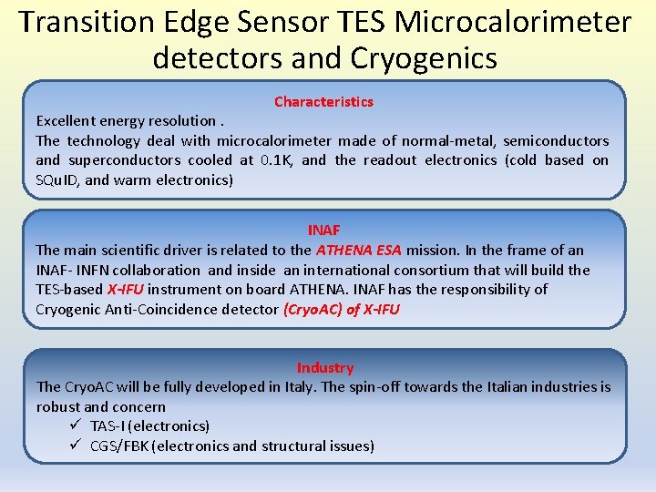 Transition Edge Sensor TES Microcalorimeter detectors and Cryogenics Characteristics Excellent energy resolution. The technology